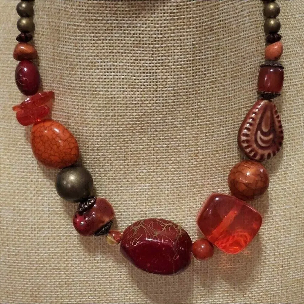 Treska Womens Chunky Beaded Statement Necklace Orange Red Bronze Earthy Boho NWT